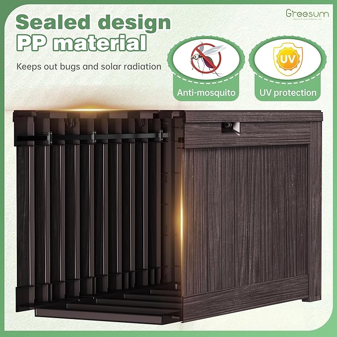 Greesum 120 Gallon Outdoor Storage Box with Lock - Large Resin Deck Box, Reinforced Lid for Garden, Patio, Lawn, Brown-VerdiqueGarden