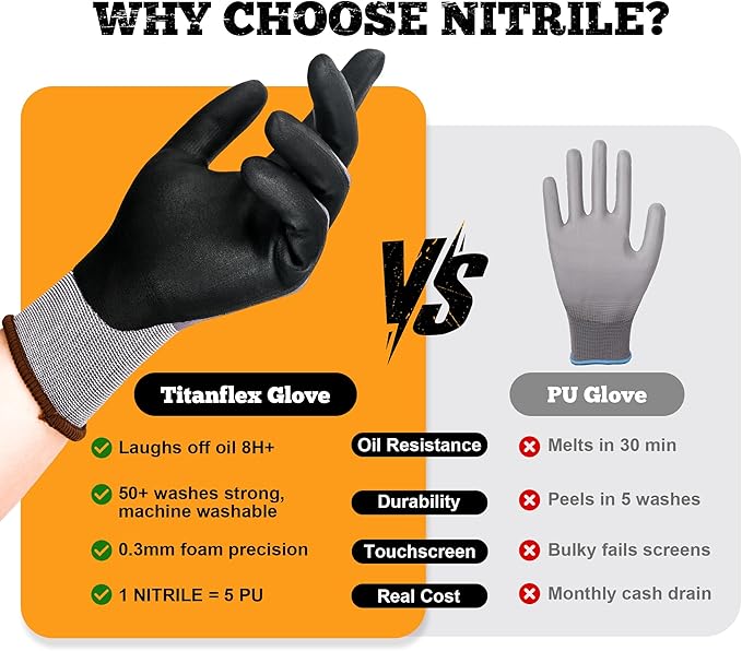 TitanFlex Work Gloves Microfoam Nitrile Coated Men Women, Safety Warehouse Gloves with Grip, Touchscreen, Seamless Knit Nylon-VerdiqueGarden