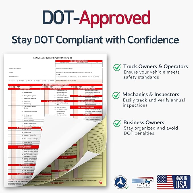 5 Pack 3-Ply Carbonless Annual Vehicle Inspection Report Forms with FMCSA 2-Ply Mylar Laminate Adhesive Vinyl Labels, DOT Inspection Forms and Stickers, Shrink-Wrapped, 8.5" x 11.75" - Made in USA-VerdiqueGarden