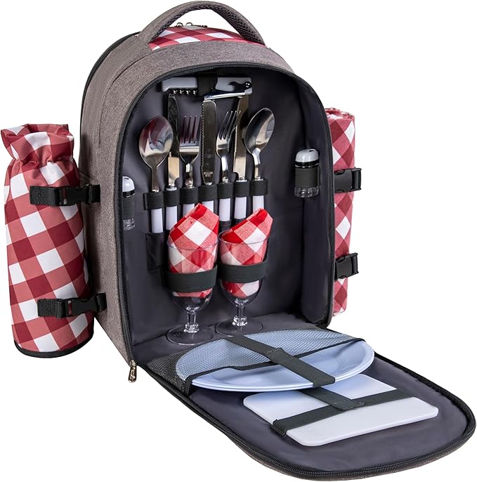 apollo walker Picnic Backpack Bag with Cooler Compartment, Detachable Bottle/Wine Holder, Fleece Blanket, Plates and Cutlery Set (2 Person, Gray)-VerdiqueGarden