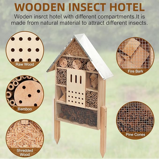 antiai Extra Large Wooden Insect House with Stakes,Wood Mason Bee Butterfly House,Insect Hotel,an Outdoor Bamboo Habitat for Ladybugs Live,Bee Box,Butterfly Habitat for Garden and Yard,30" H x15 W-VerdiqueGarden