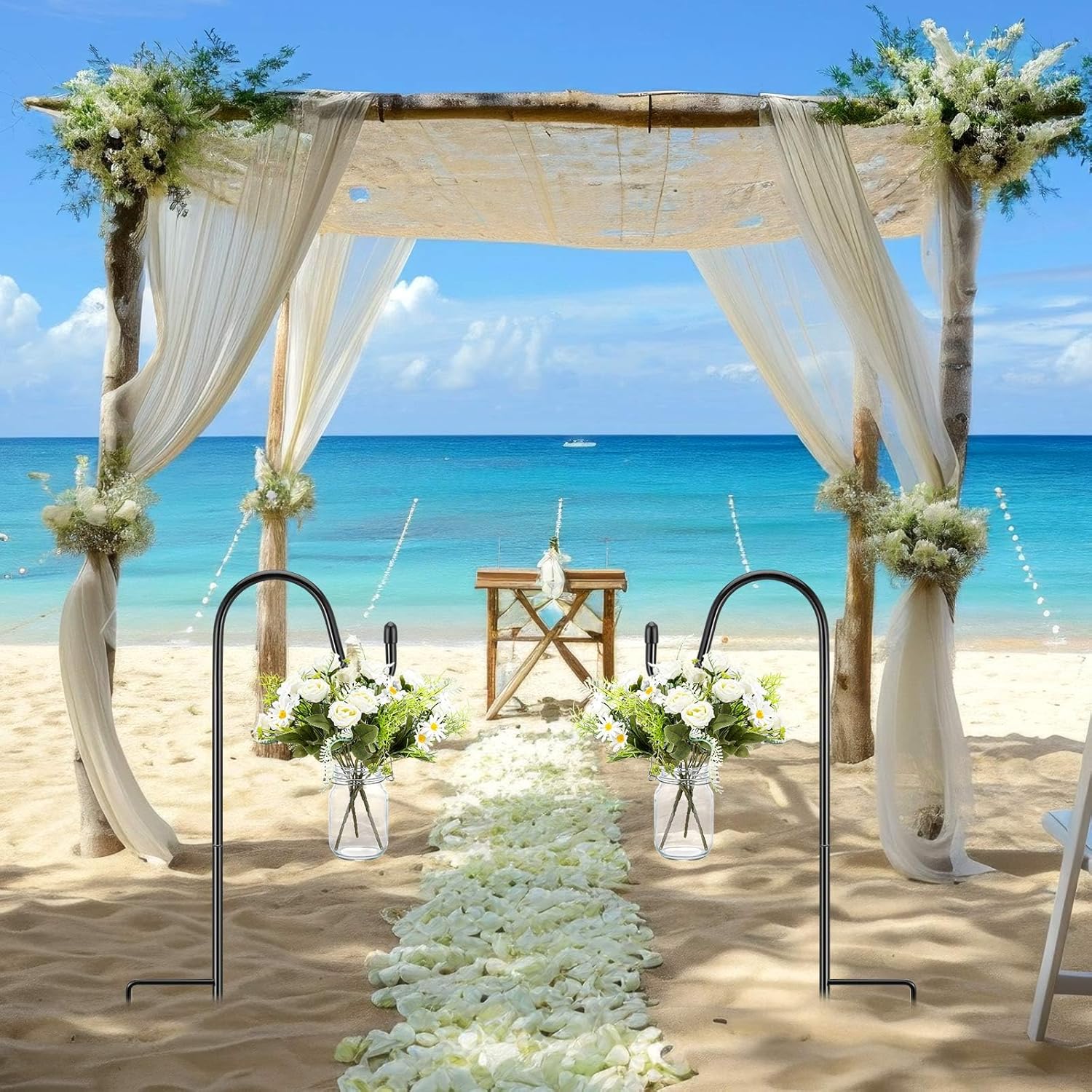 8 Sets Wedding Aisle Decoration Include 16 oz Rose Daisy Hanging Mason Jar 32" Shepherds Hooks Rustic Mason Jar with Faux Rose and Daisy for Outdoor Wedding Isle Ceremony Decorations-VerdiqueGarden