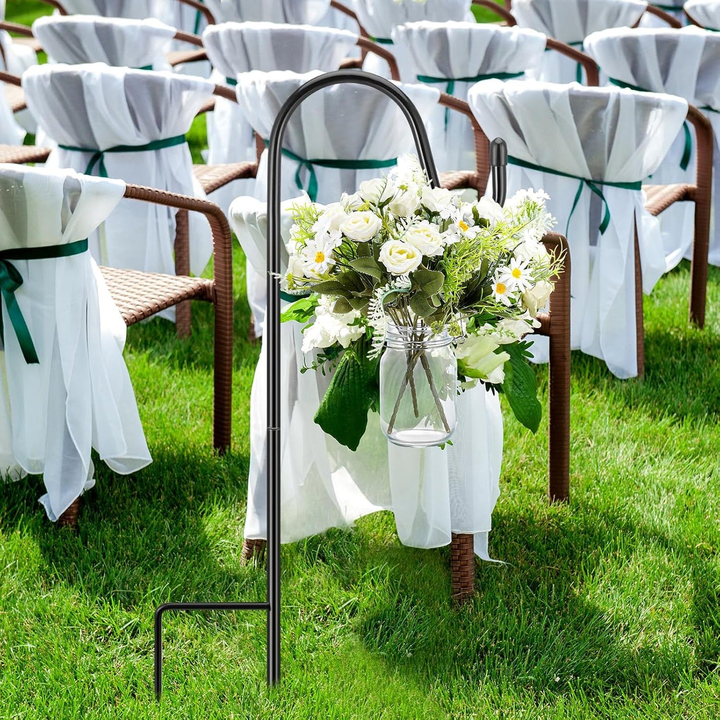 8 Sets Wedding Aisle Decoration Include 16 oz Rose Daisy Hanging Mason Jar 32" Shepherds Hooks Rustic Mason Jar with Faux Rose and Daisy for Outdoor Wedding Isle Ceremony Decorations-VerdiqueGarden