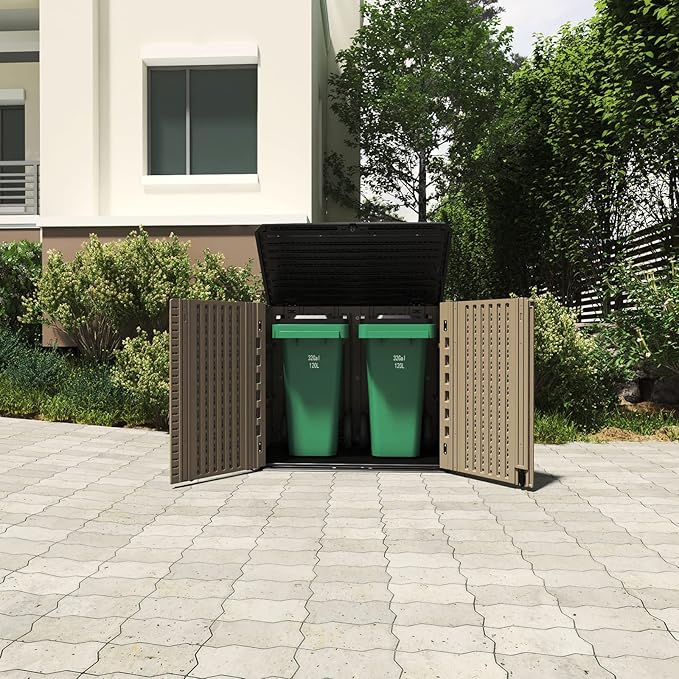 HOMSPARK Storage Shed Weather Resistance, Multi-Purpose Outdoor Storage Cabinet for Backyards and Patios, Horizontal Storage Shed for Lawnmower, Patio Accessories (Coffee, Large - 26 cu.ft)-VerdiqueGarden