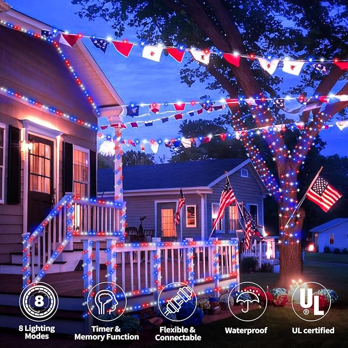 100ft LED Rope Lights Outdoor, 720 LED Connectable & Flexible Tube Lights with 8 Modes, Waterproof LED Rope Lighting for Independence Flag Day, Memorial Day, Outdoor,Indoor Decor (Red & White & Blue)-VerdiqueGarden