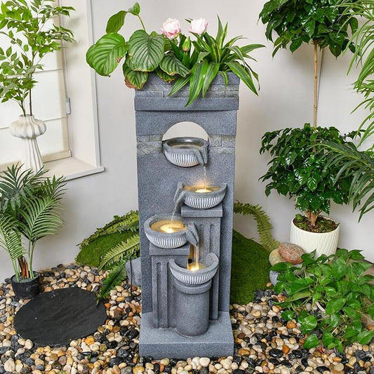 42.52" Outdoor Garden Water Fountain with Lights Floor-Standing 4 Tiers Cascading Large Waterfall Fountain for Patio, Backyard, Deck, Porch and Home Art Decor
