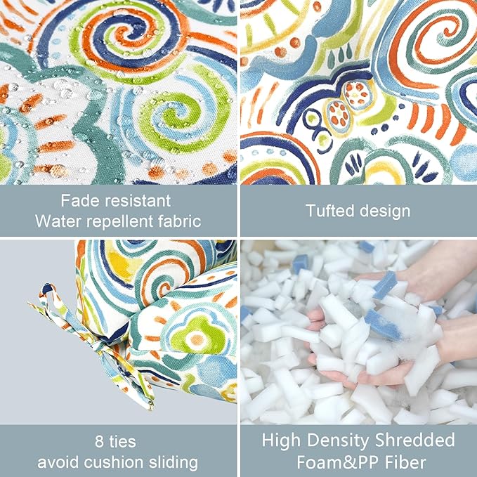 LVTXIII Outdoor Seat/Back Chair Cushion Patio Tufted High Back Cushion, Seasonal Replacement Rocking Chair Cushion with Ties (22” W x 20D”, Set of 2, Flower Blue)-VerdiqueGarden