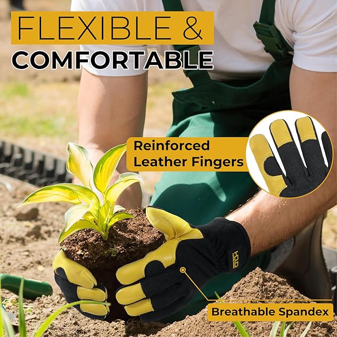 HANDLANDY Leather Work Gloves for Men & Women, Reinforced Durable Garden Gloves, Cowhide Working Glove for Gardening-VerdiqueGarden