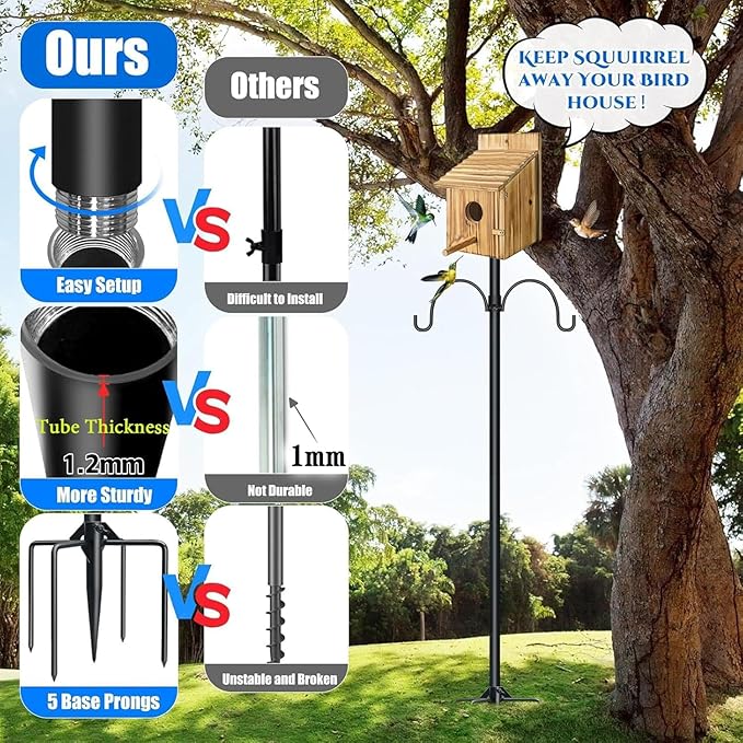 QwayHome【New Upgrade】 80In Smart Bird House Poles, 1Inch Dia Poles, Outdoor Bird Feeder Pole Mount Kit for Smart Bird Feeder & Wooden Birdhouse & Weather Station, Heavy Duty, Adjustable, 5-Prong Base-VerdiqueGarden