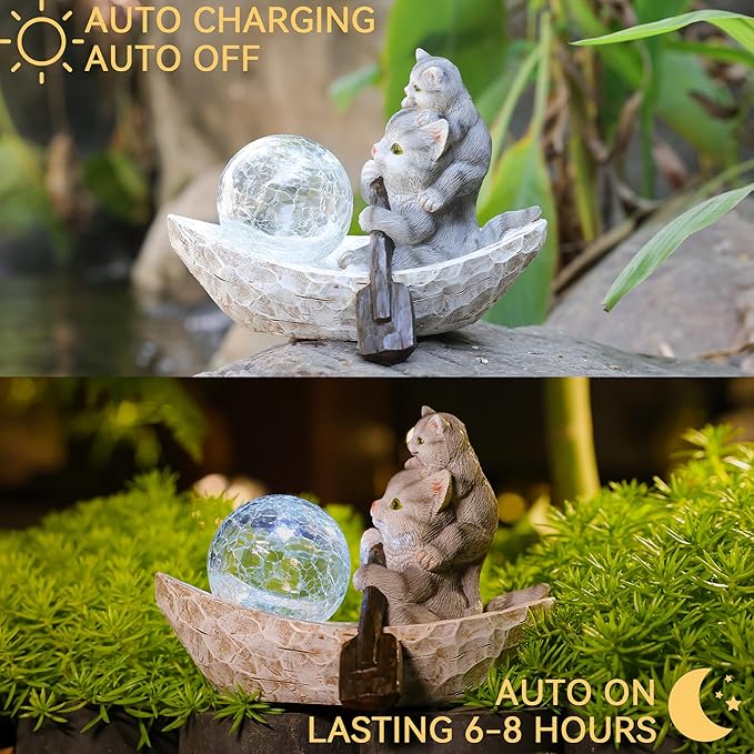 Garden Statue of Cat,Garden Decor Cat Figurine,Cats Outdoor Statue,Solar Decor for Patio,Balcony,Yard,Lawn Ornament-VerdiqueGarden