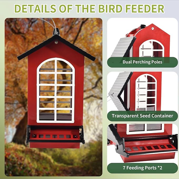 Bird Feeder Squirrel Proof Metal Hanging for Outdoor Wild Bird Seed, 5LBS with Bilateral Weight-Activated Perches, Heavy Duty Bird Feeders for Outside Wild Bird - Red-VerdiqueGarden