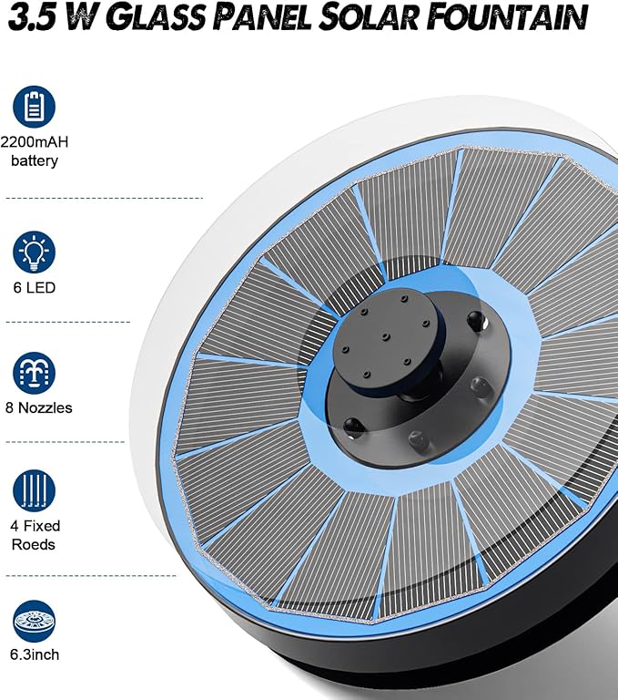 Solar Fountain Glass Panel with 2200 mah Battery, 3.5W Floating Solar Water Fountain with 4 Fixed Rods, Solar Fountain Pump for Bird Bath, Garden, Pond, Pool, Outdoor-Colorful Lights-VerdiqueGarden
