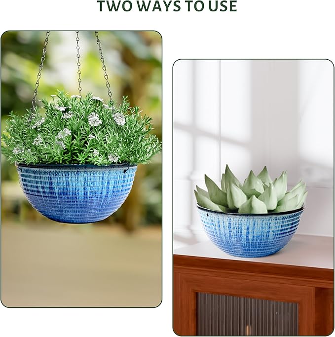 10in Hanging Planters for Indoor and Outdoor Plants, 2 Pack Hanging Planter with Drainage Hole, Round Hanging Flower Pots for Garden Home Decor (Blue Glaze)-VerdiqueGarden