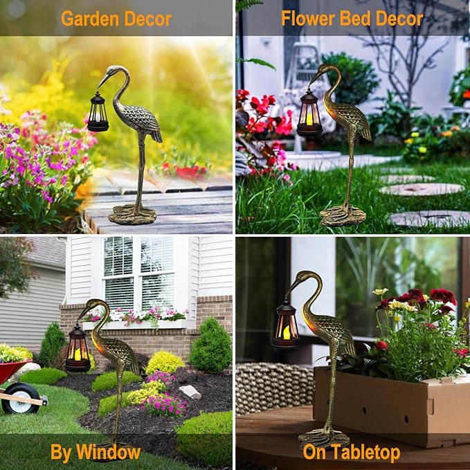 Solar Garden Statue Crane Figurine, Outdoor Hanging Solar Lanterns, Blue Heron Sculpture Statue for Patio, Yard, Lawn, Porch, Garden Decor for Outside Gifts for Christmas Mom, Women, Mother's Day-VerdiqueGarden
