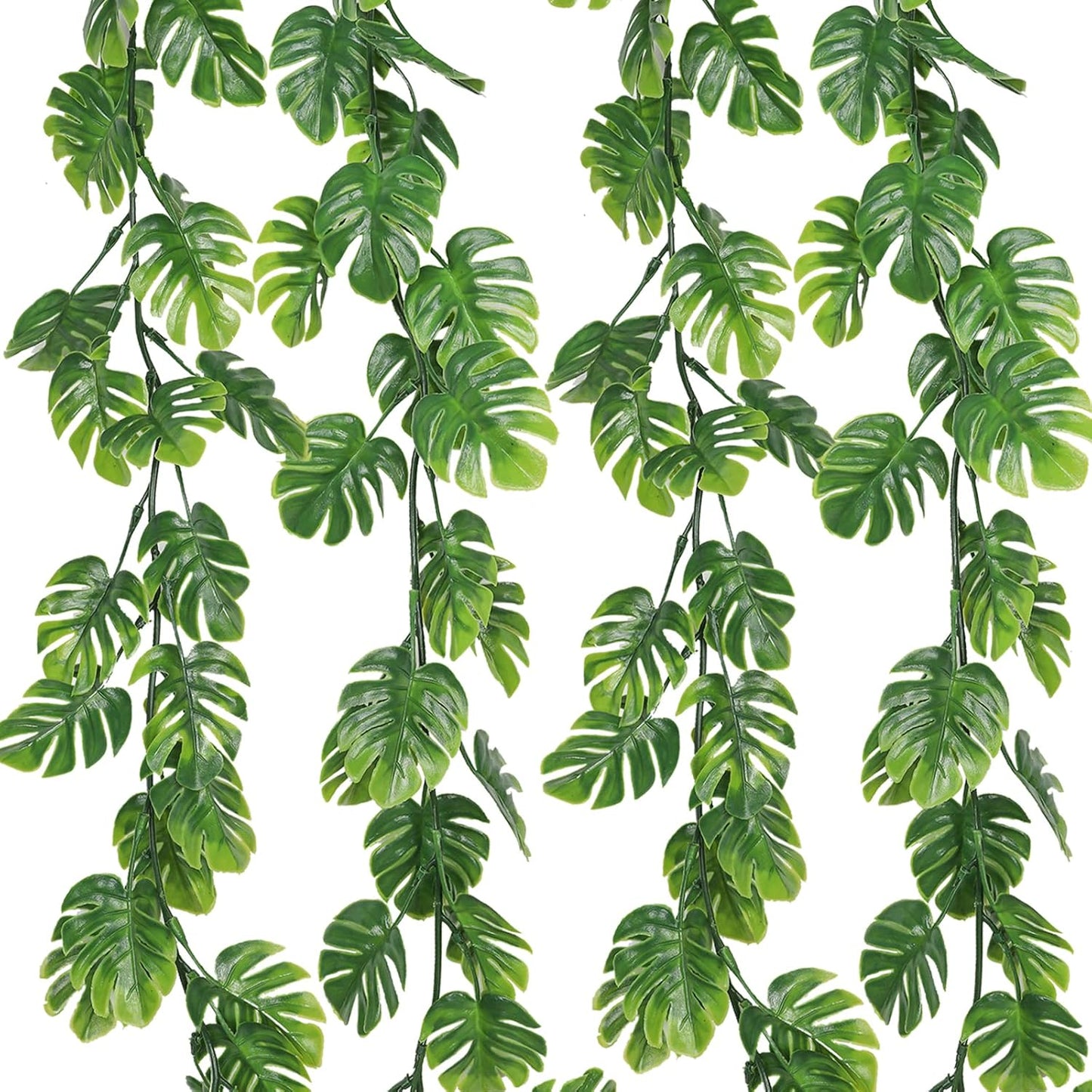 RECUTMS 4Pcs Artificial Monstera Leaves Vines, 5.9FT Fake Hanging Plant Ivy Faux Tropical Palm Leaf Greenery Garland for Garden Porch Patio Jungle Luau Beach Birthday Party Indoor Outdoor Spring Décor-VerdiqueGarden