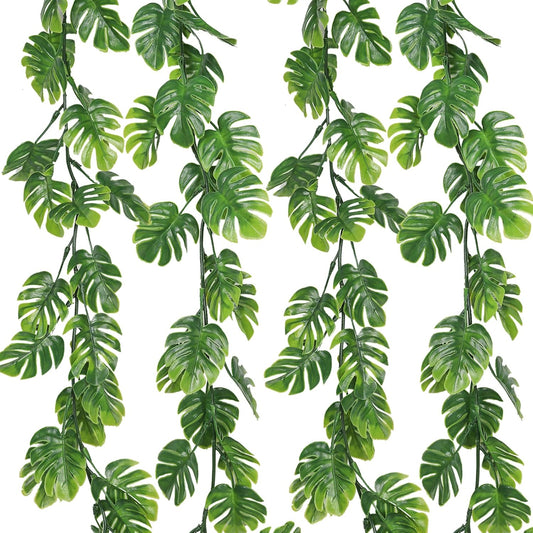 RECUTMS 4Pcs Artificial Monstera Leaves Vines, 5.9FT Fake Hanging Plant Ivy Faux Tropical Palm Leaf Greenery Garland for Garden Porch Patio Jungle Luau Beach Birthday Party Indoor Outdoor Spring Décor-VerdiqueGarden