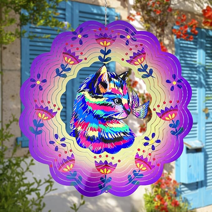 Cat Wind Spinners 3D Hanging Wind Spinner Cat Ornament Gifts for Women Mom Grandma,12inch Metal Wind Kinetic Sculpture for Outdoor&Indoor Decor, Yard Art, Garden Decoration-VerdiqueGarden