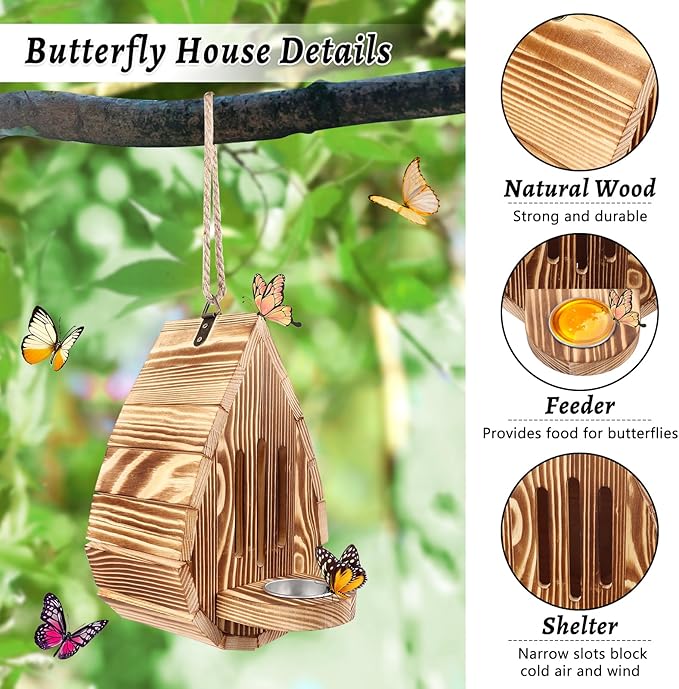 Wooden Butterfly House and Feeder, Hanging Butterfly House for Garden, Natural Butterfly Habitat with Butterfly Puddler for Outside Butterflies, Moths - Backdoor, Easy to Clean-VerdiqueGarden