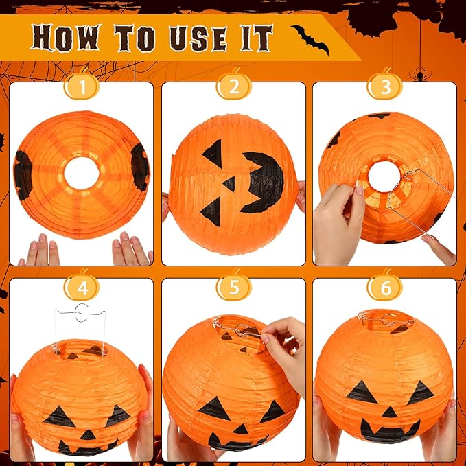 Retisee 20 Pcs 8 Inch Halloween Pumpkin Paper Lantern Halloween Jack O Lantern Paper Lantern Orange Pumpkin Lantern for Halloween Party Halloween Pumpkin Hanging Paper Lantern for Indoor Outdoor Decor-VerdiqueGarden