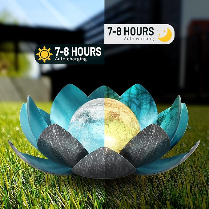 Lotus Solar Lights Outdoor,Solar LED Powered Garden Light Waterproof for Decor Tabletop Ground Yard Patio Walkway Landscape,Metal Glass LED Lotus Flower Lights-VerdiqueGarden