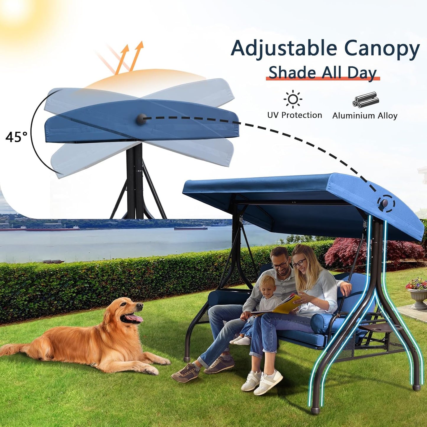 NOBLEMOOD Patio Porch Swing, 3-Seat Outdoor Swing with Adjustable Canopy, Waterproof Fabric Cushion, Pillow and Foldable Side Tray for Patio, Backyard, Porch Swing Bed for Spring-VerdiqueGarden