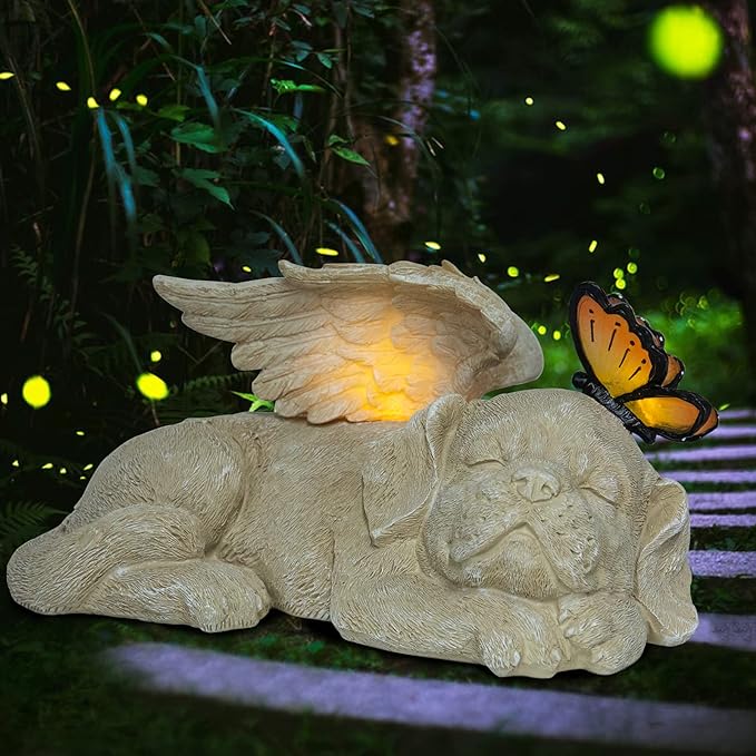 WONDER GARDEN Sleeping Dog Angel Statue with Solar Light - Pet Memorial Stone, in Memory of Dog, Marker Tribute Statues, Resin Guardian Angels, Bereavement Gift-VerdiqueGarden