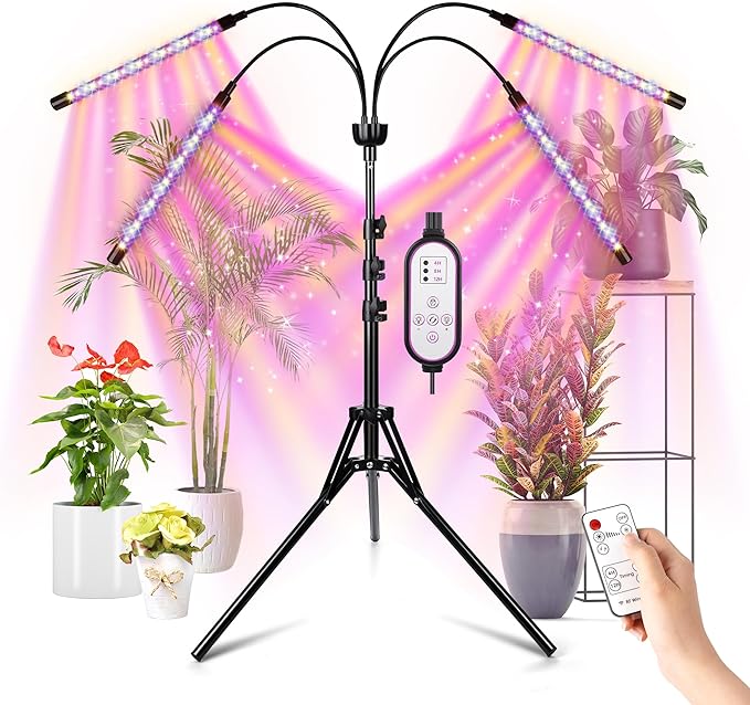 LED Grow Lights for Indoor Plants Full Spectrum with 15-63 inches Adjustable Tripod Stand, Red Blue White Floor Grow Lamp with 4/8/12H Timer with Remote Control-VerdiqueGarden