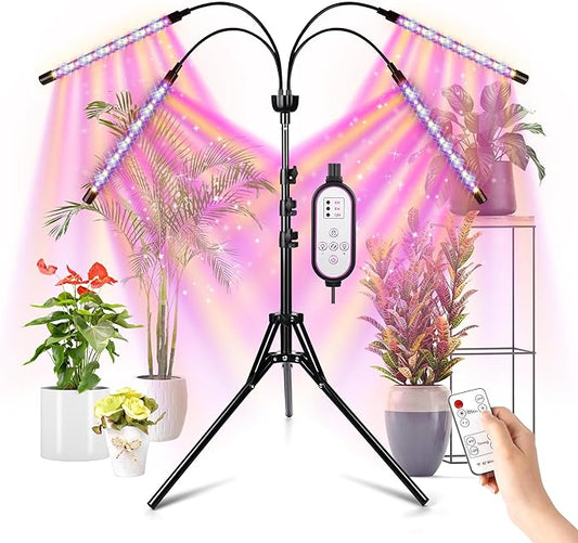LED Grow Lights for Indoor Plants Full Spectrum with 15-63 inches Adjustable Tripod Stand, Red Blue White Floor Grow Lamp with 4/8/12H Timer with Remote Control-VerdiqueGarden
