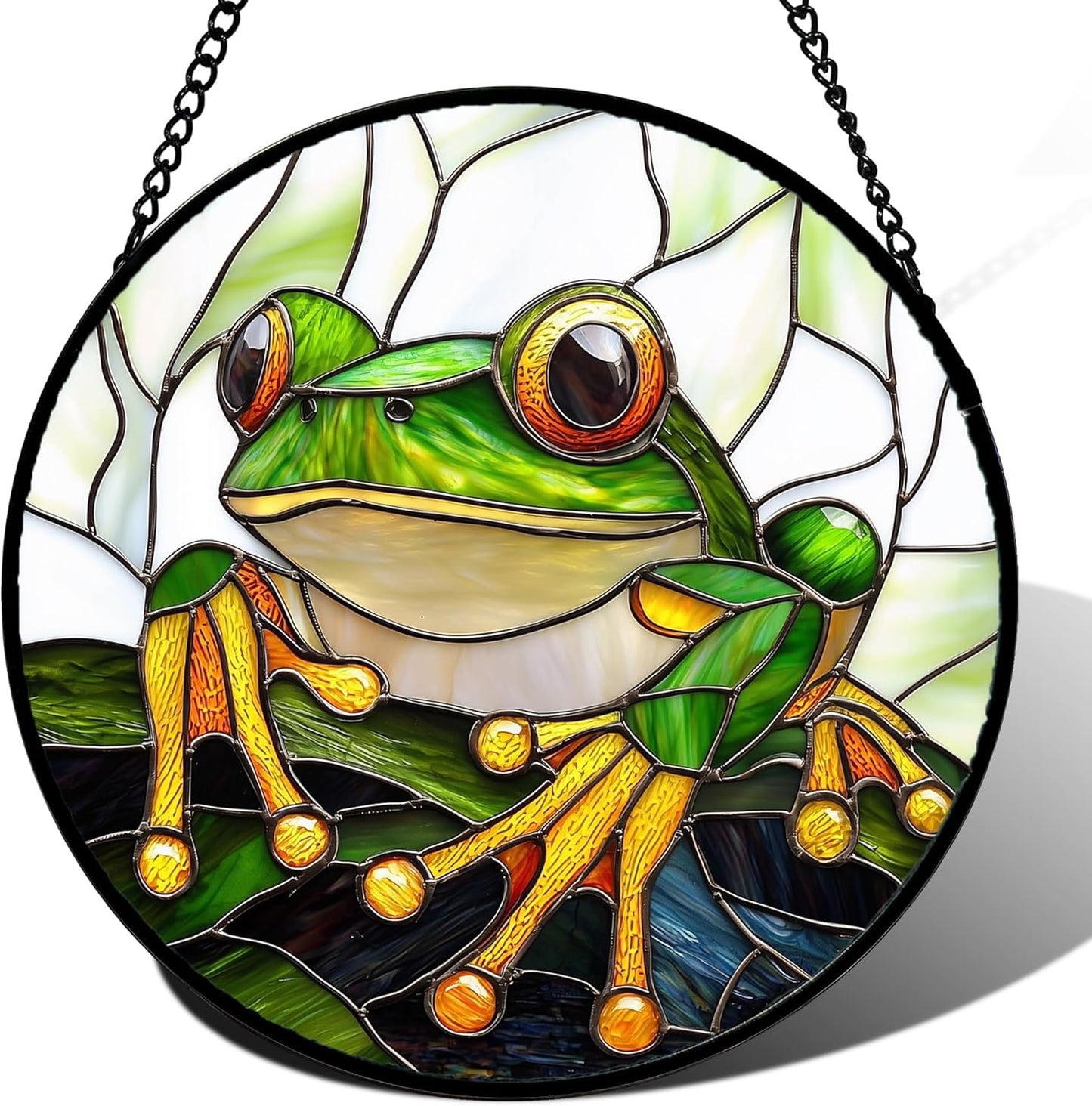 Stained Glass Window Hanging, Green Frog White Petals Sun Catchers Colorful Glass Panel Cute Suncatcher Decor for Birthday for Women, Men, Wife, Aunt, and Mom 14.9x14.9 in-VerdiqueGarden