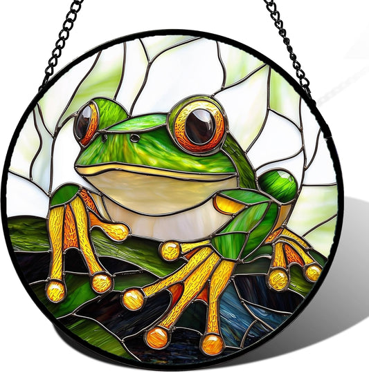 Stained Glass Window Hanging, Green Frog White Petals Sun Catchers Colorful Glass Panel Cute Suncatcher Decor for Birthday for Women, Men, Wife, Aunt, and Mom 14.9x14.9 in-VerdiqueGarden