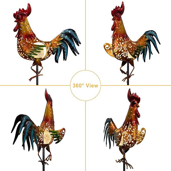 Tryme Rooster Solar Lights Outdoor Decorative Garden Statue Gifts for Chicken Lovers Women Mother Metal Yard Art for Lawn-VerdiqueGarden