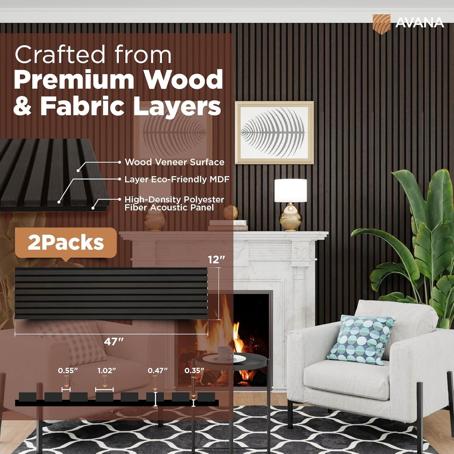 Avana Modern Acoustic Wood Wall Panels – 47.2 x 12.6 Inch Smoke Oak Acoustic Panels 2 PCs – Wall Panels For Interior Wall Decor For Homes, Offices, Studios – Sturdy And Durable Wood Panels For Wall-VerdiqueGarden