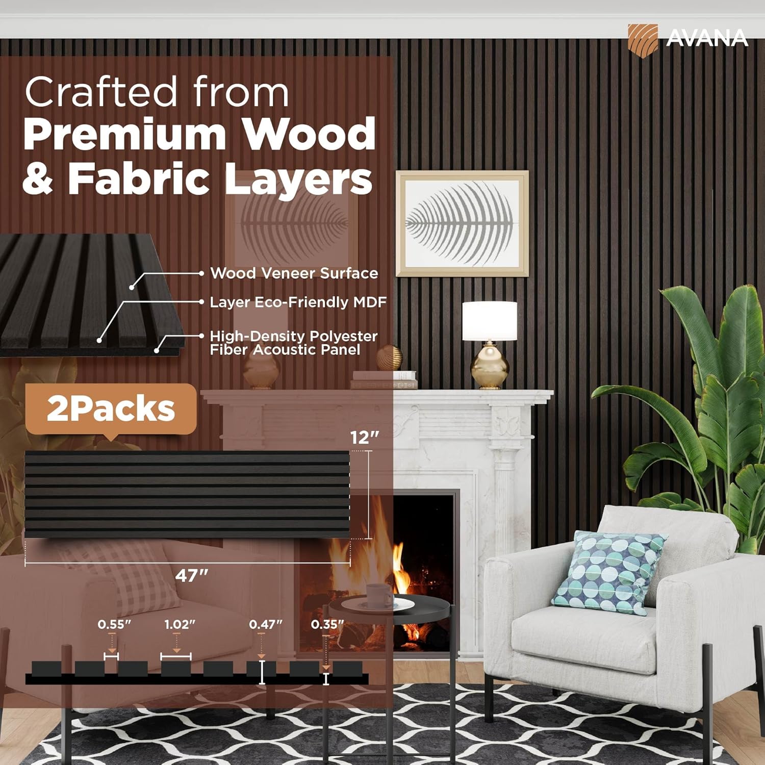 Avana Modern Acoustic Wood Wall Panels – 47.2 x 12.6 Inch Smoke Oak Acoustic Panels 2 PCs – Wall Panels For Interior Wall Decor For Homes, Offices, Studios – Sturdy And Durable Wood Panels For Wall-VerdiqueGarden