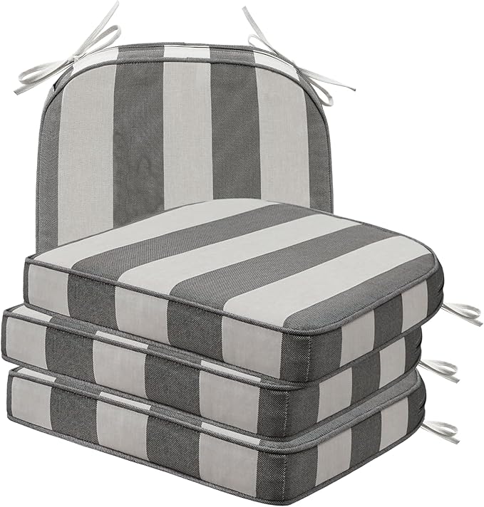 Round Corner Seat Cushions, 17" x 16" x 2", Set of 4, Indoor Outdoor Water Repellent Universal Chair Pads with Ties for Patio Furniture, Garden Deck Dining Chairs, Gray Stripe-VerdiqueGarden