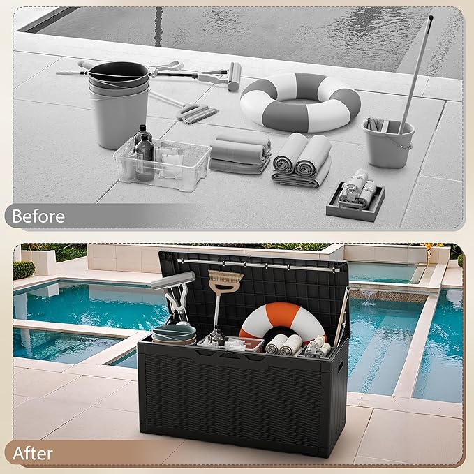 Devoko 100 Gallon Deck Box, Waterproof Outdoor Storage Box with Cushion (Black)-VerdiqueGarden