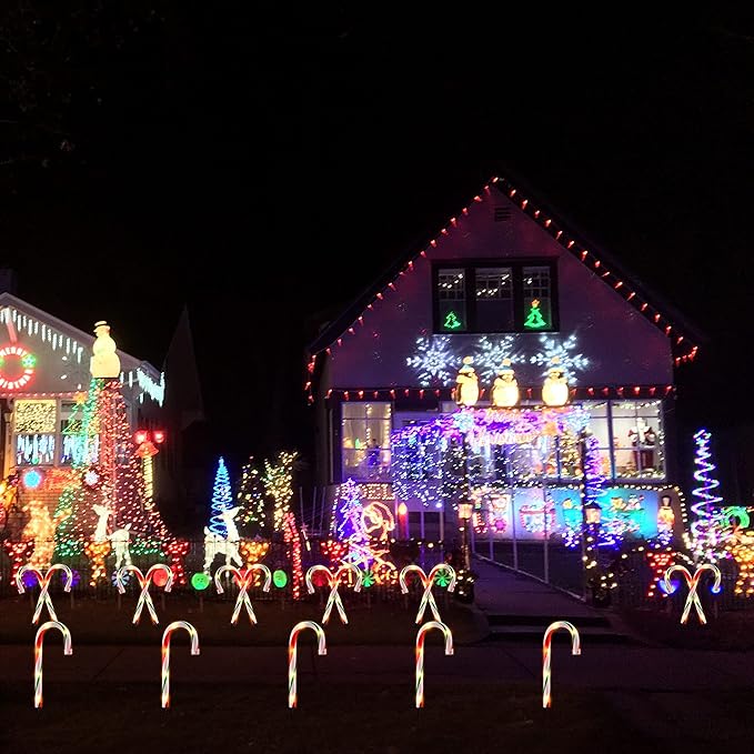 10" Christmas Candy Cane Lights - Set of 10 Pathway Markers Christmas Outdoor Yard Decorations, Xmas Candy Canes Stake Lights for Lawn Walkway Garden, Xmas Party Indoor Ornaments-VerdiqueGarden