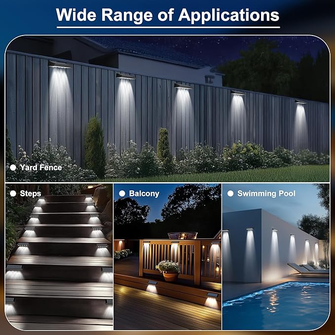 Solar Fence Lights Outdoor Waterproof IP65, 12 Pack Fence Lights Solar Powered 60 Lumens Auto On/Off Step Wall Lights Outside Decorations for Yard, Porch, Patio, Stairs, Pool, Deck, Garden-White Light-VerdiqueGarden