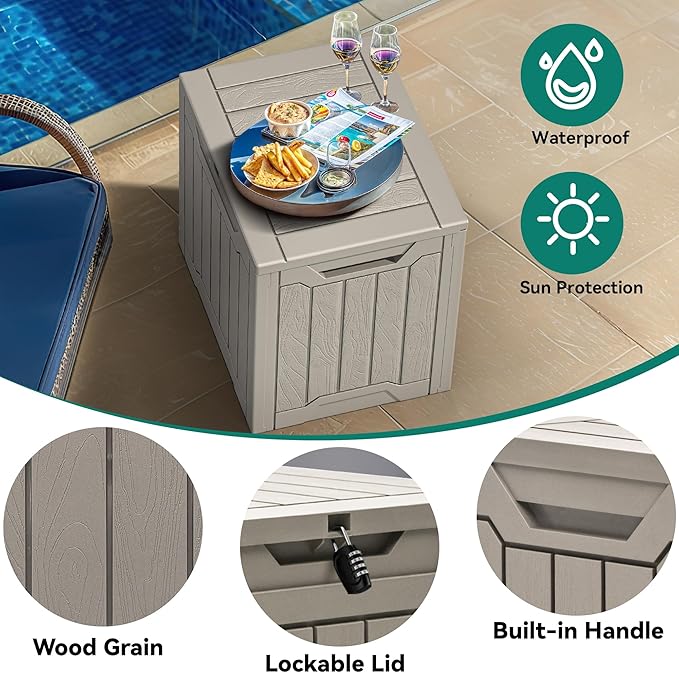 YITAHOME 31 Gallon Outdoor Storage Box, Resin Deck Box and Waterproof Package Delivery Box for Gardening Tools, Pool Supplies, Patio Furniture, Lockable, Taupe-VerdiqueGarden