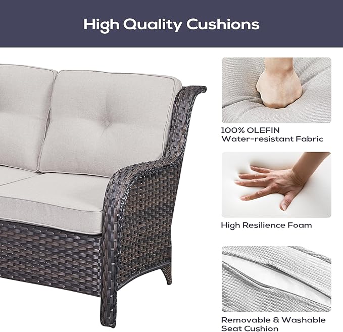 Outdoor Sectional Furniture Sofa Set with Propane Fire Pit Table, Wicker Patio Conversation Set with 2 Swivel Rocker Glider Chairs Beige Cushion Perfect for Backyard Casual Gathering-VerdiqueGarden