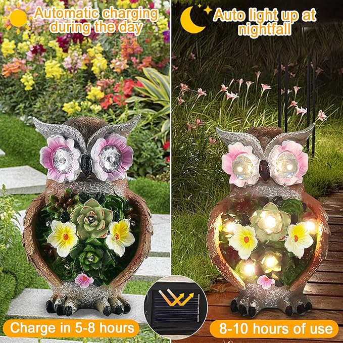 Owl Garden Statue,Solar Garden Statues with Flower LED Lights, Resin Owl Figurine for Lawn Patio Porch Yard Deco Gifts for Women/Mom/Grandma-VerdiqueGarden