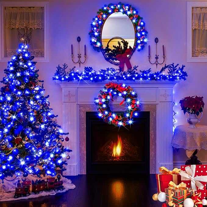 KNONEW Outdoor Christmas Lights 99ft 300 LED String Lights 8 Modes & Timer Fairy Light Plug in Waterproof LED String Lights for Xmas Yard Tree Wedding Party Holiday Decorations (Blue)-VerdiqueGarden