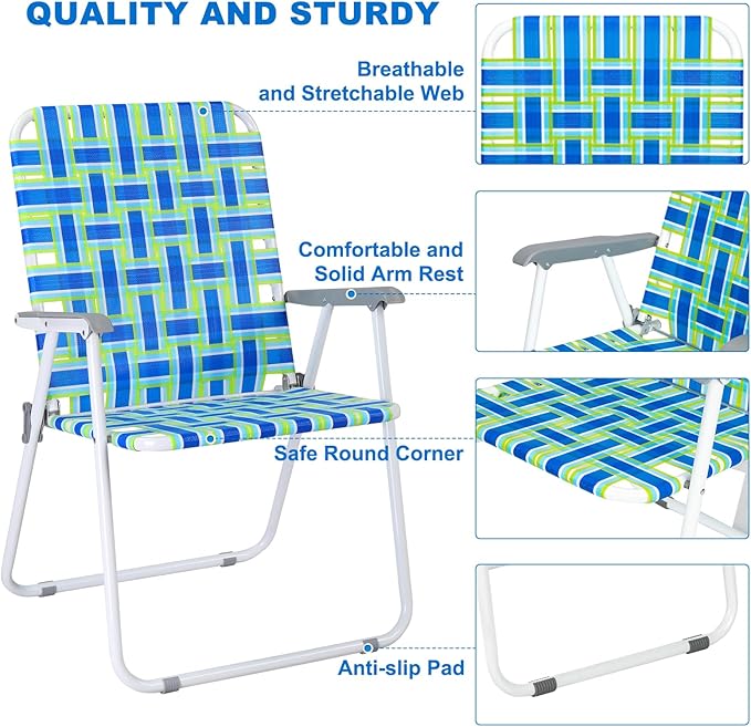 VINGLI Oversize Patio Lawn Webbed Folding Chairs Set of 2, Outdoor Beach Chair Portable Dining Chair for Outdoor Yard, Garden (Blue, Oversized)-VerdiqueGarden