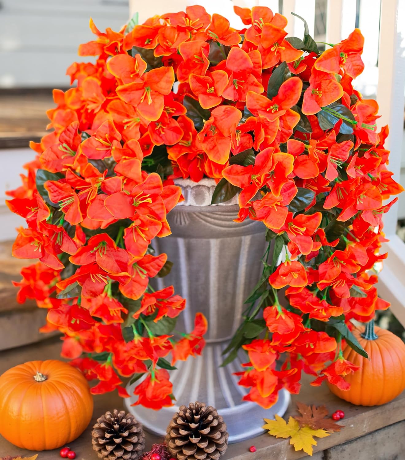 Bougainvillea Artificial Fall Hanging Flowers Plants for Outdoors Autumn Decoration, 2pcs Faux Bougainvillea Vines Orange Fake Flowers Realistic UV Resistant Silk Flowers for Outside Planter Yard Home-VerdiqueGarden