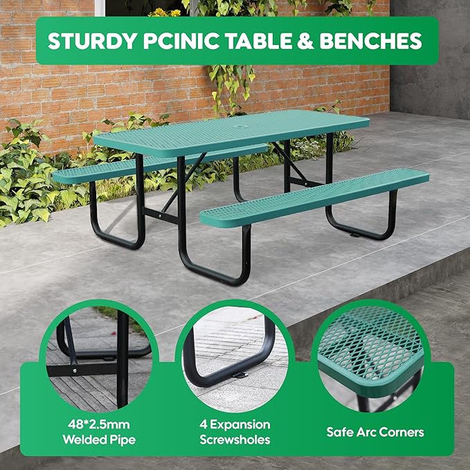 6FT Metal Picnic Tables for Outdoors, Commercial Rectangular Picnic Table and Bench Set for Outside, Patio, Garden, Backyard, Porch, Surface Mount, Green-VerdiqueGarden