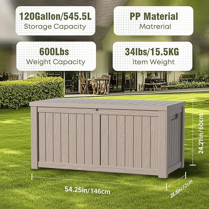 120 Gallon Outdoor Deck Box,Storage Lockable Waterproof Patio Furniture,Garden Tools,Cushions,Pool Accessories Outside Storage Resin Box(Grey)-VerdiqueGarden