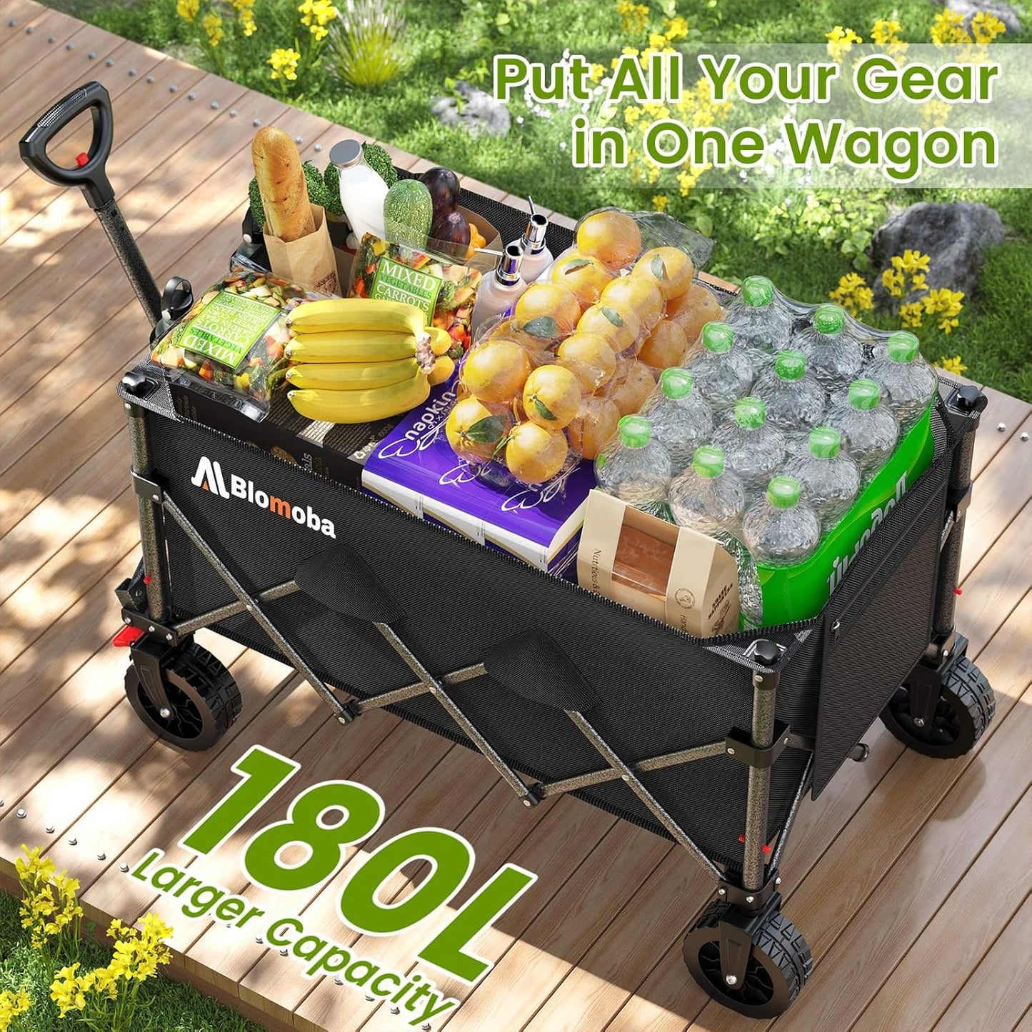 Folding Wagon Cart with Wheels, 180L 330LBS Heavy Duty Utility Wagon, Beach Wagon with All-Terrain Wheels, Portable Grocery Wagons for Camping, Shopping, Garden, Sports, Black-VerdiqueGarden