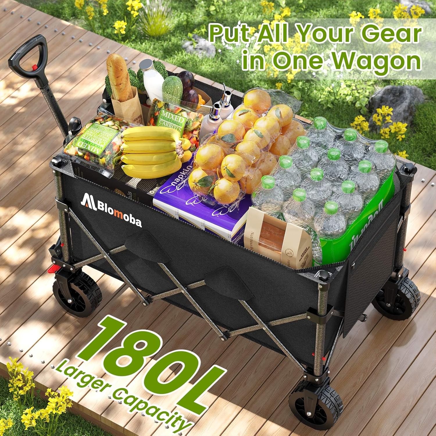 Folding Wagon Cart with Wheels, 180L 330LBS Heavy Duty Utility Wagon, Beach Wagon with All-Terrain Wheels, Portable Grocery Wagons for Camping, Shopping, Garden, Sports, Black-VerdiqueGarden