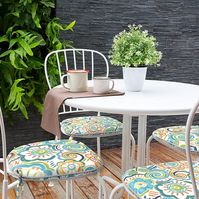 Indoor/Outdoor Chair Cushions 16x17 Inch, Patio Chair Cushions with Ties, All Weather Seat Cushions for Patio Furniture Home Garden Chair Use, Set of 4, Flower Blue-VerdiqueGarden