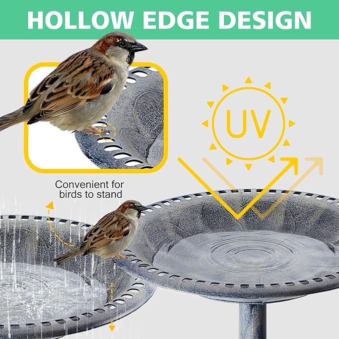 Bird Bath for Outside with 4 Removable Flower Planters 28in Polyresin Lightweight Vintage Birdbath for Outdoors Stake Standing Bowl and Water Feeder Yard Garden Decor Gray-VerdiqueGarden