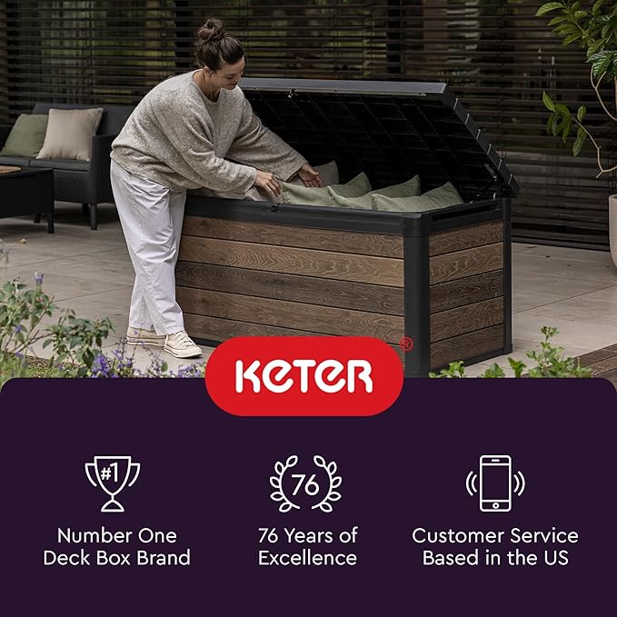 Keter City 30 Gallon Resin Outdoor Storage Box and Patio Furniture Side Table for Pool and Garden Accessories, Brown-VerdiqueGarden